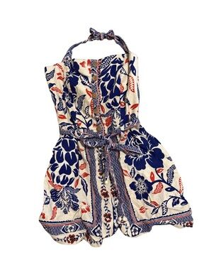 Rachel Zoe Floral Tie Waist Romper Blue Red Boho Summer Size 8